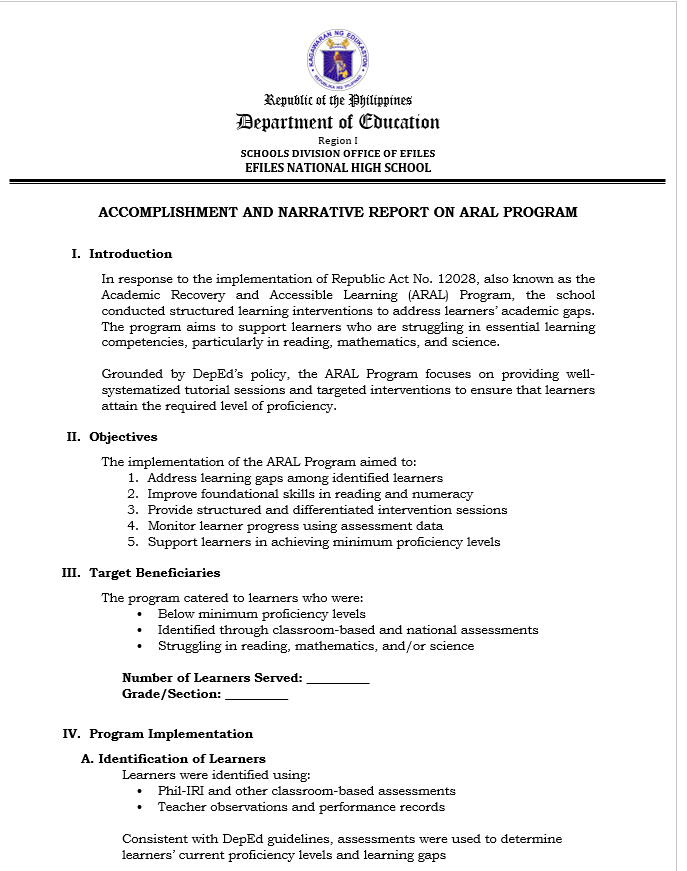 Accomplishment and Narrative Report on ARAL Program
