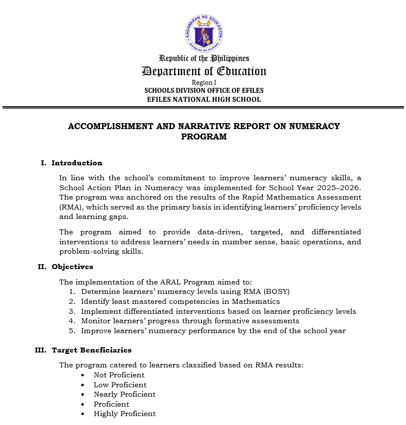 Accomplishment and Narrative Report on Numeracy Program