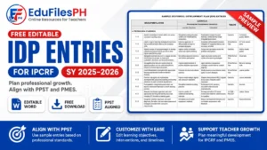 Free editable IDP entries for IPCRF and PMES SY 2025-2026 with PPST-based professional development sample table