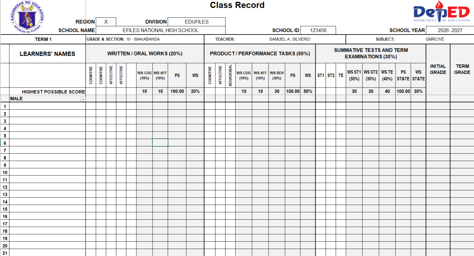 Free Three-Term E-Class Record for GMRC and Values Education (SY 2026 ...